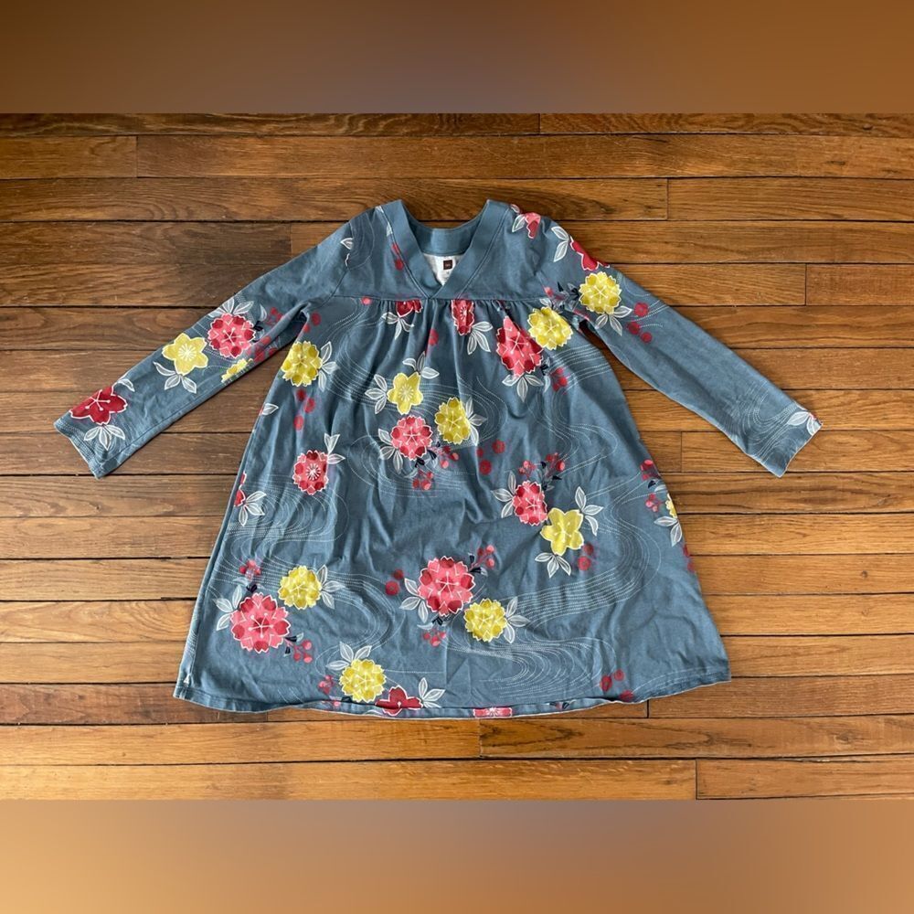 Floral Kids Tea collection Dress in Blue with Red and Yellow Accents size 12